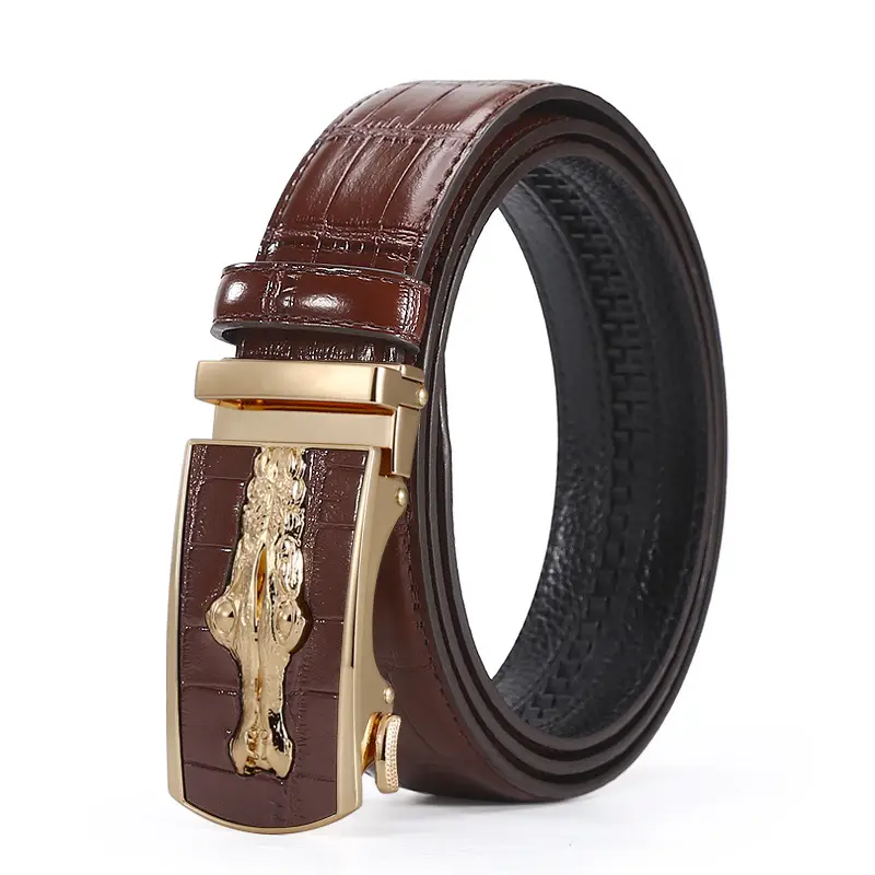 Men's Croc Leather Belt Brown Black with Gold Buckle - Image 2