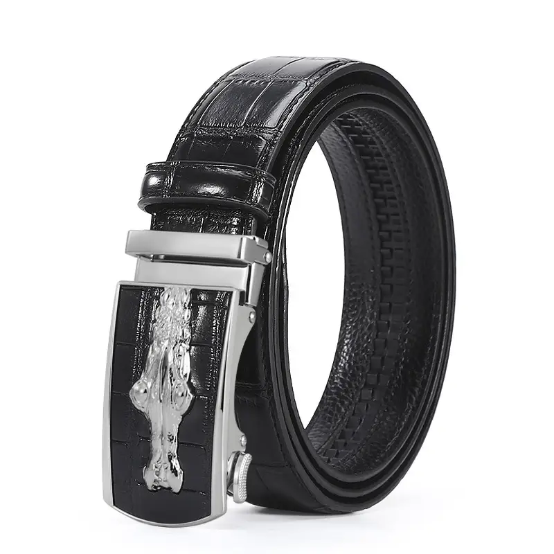 Men's Croc Leather Belt Brown Black with Gold Buckle - Image 3