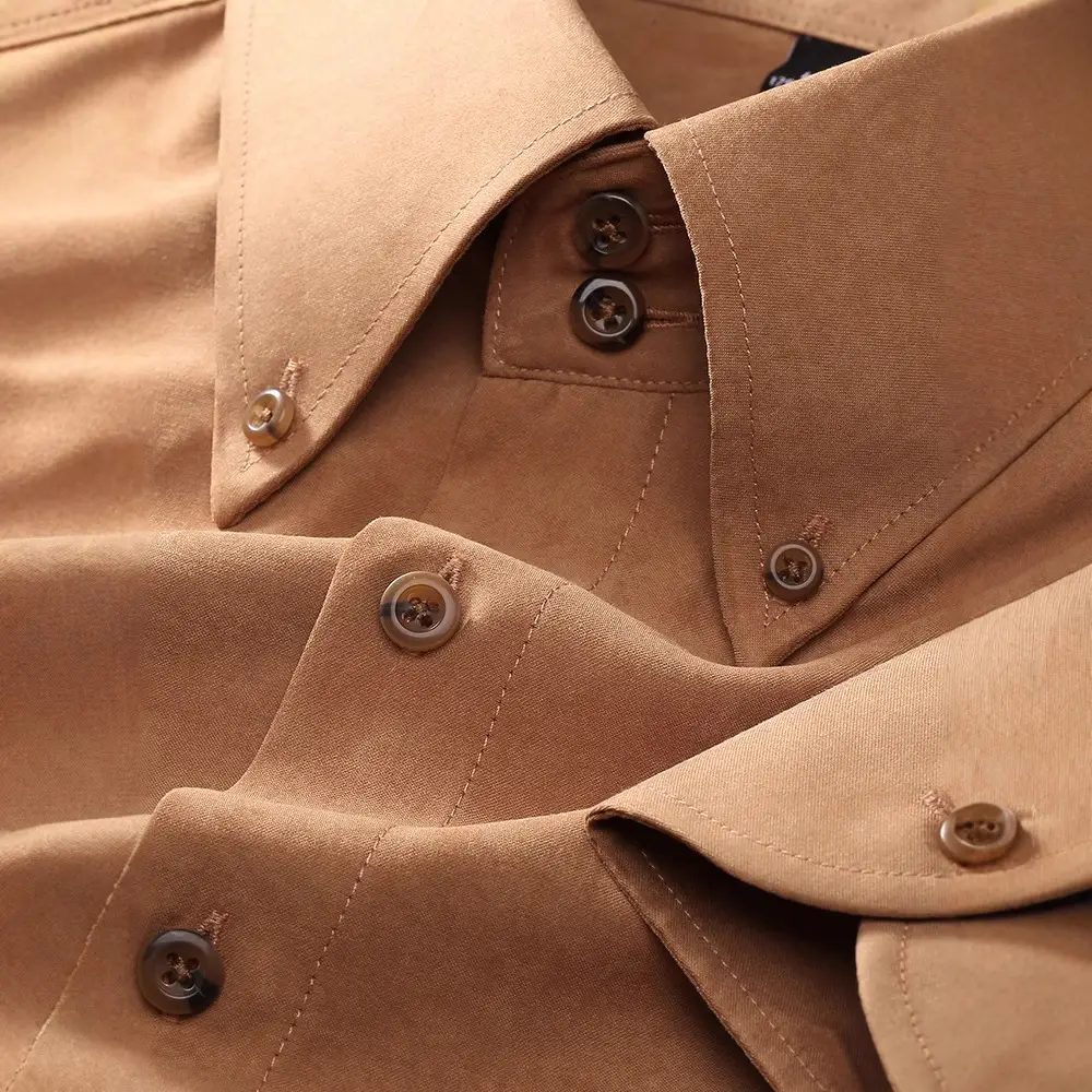 Men's Long Sleeve Fleece Shirt Tan Slim Fit Business Casual