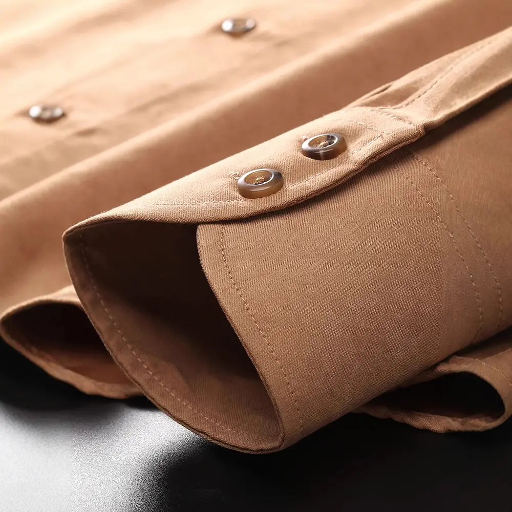 Men's Long Sleeve Fleece Shirt Tan Slim Fit Business Casual