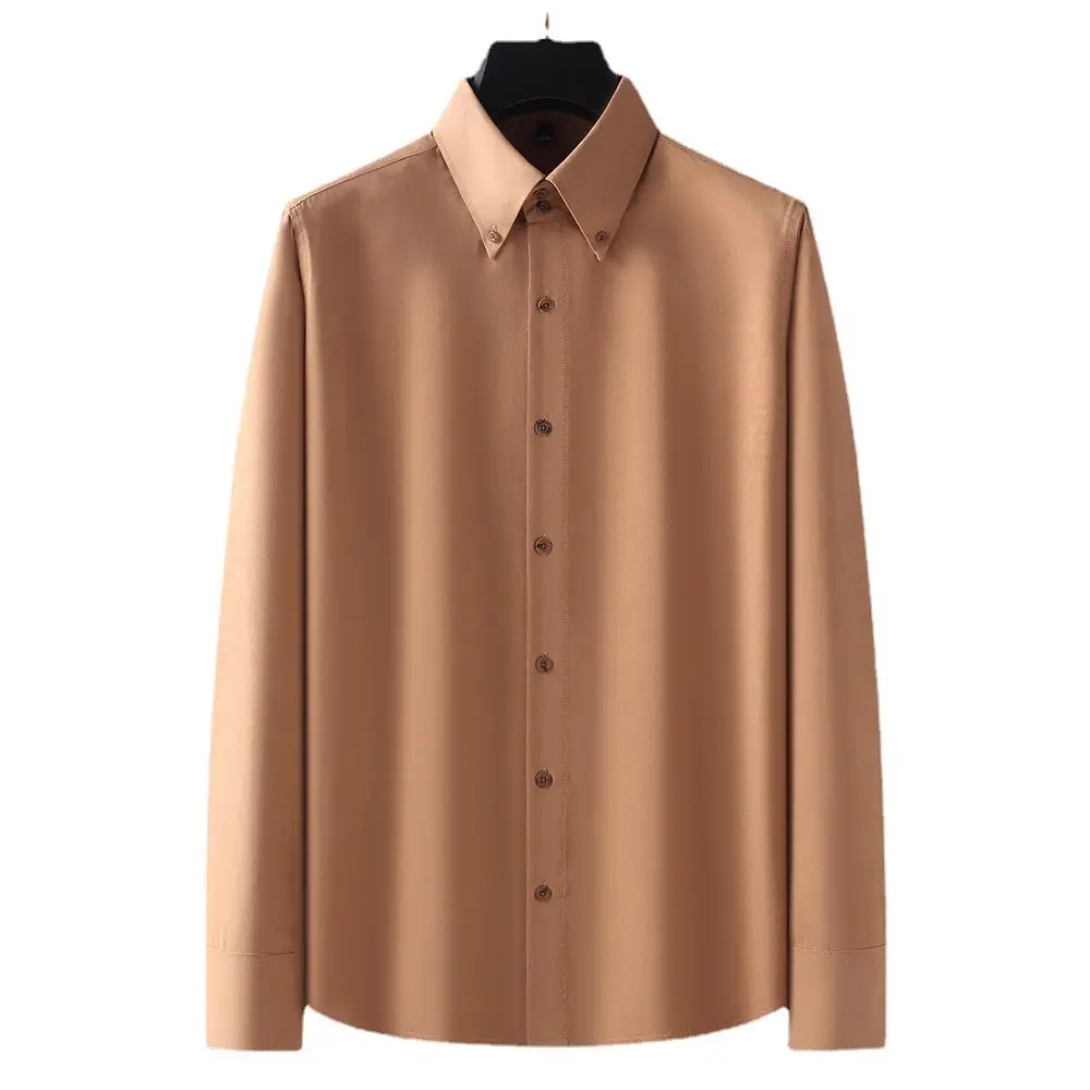 Men's Long Sleeve Fleece Shirt Tan Slim Fit Business Casual