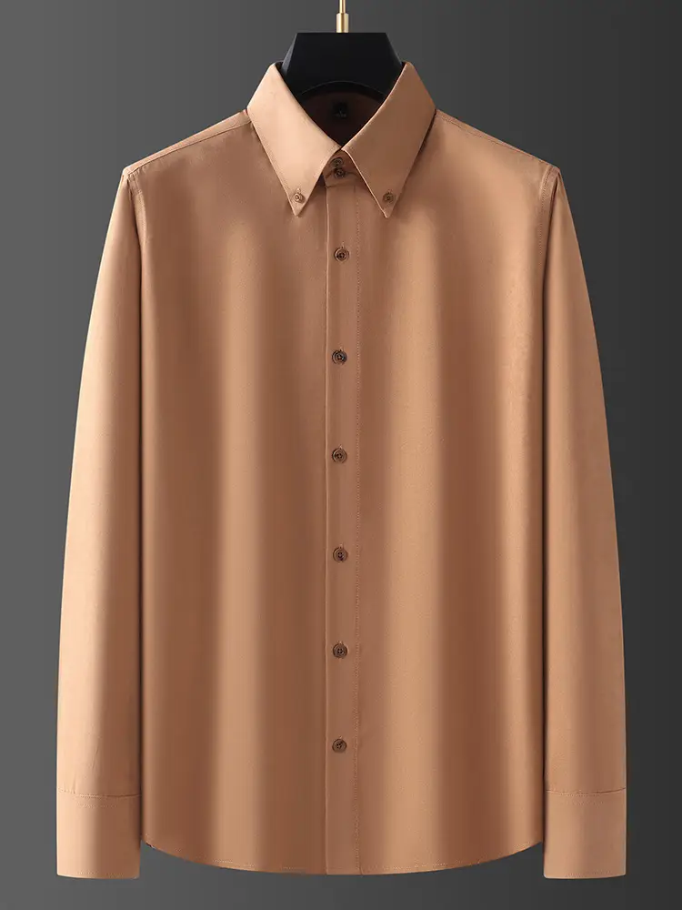 Men's Long Sleeve Fleece Shirt Tan Slim Fit Business Casual — feature 13