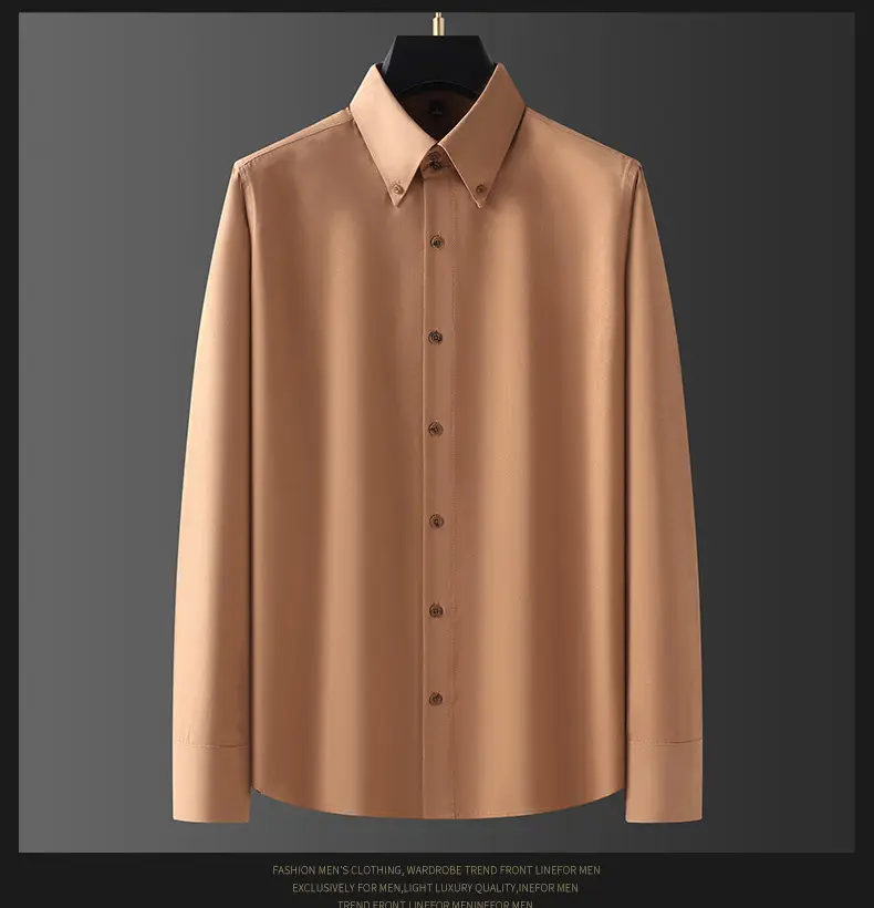 Men's Long Sleeve Fleece Shirt Tan Slim Fit Business Casual — feature 6