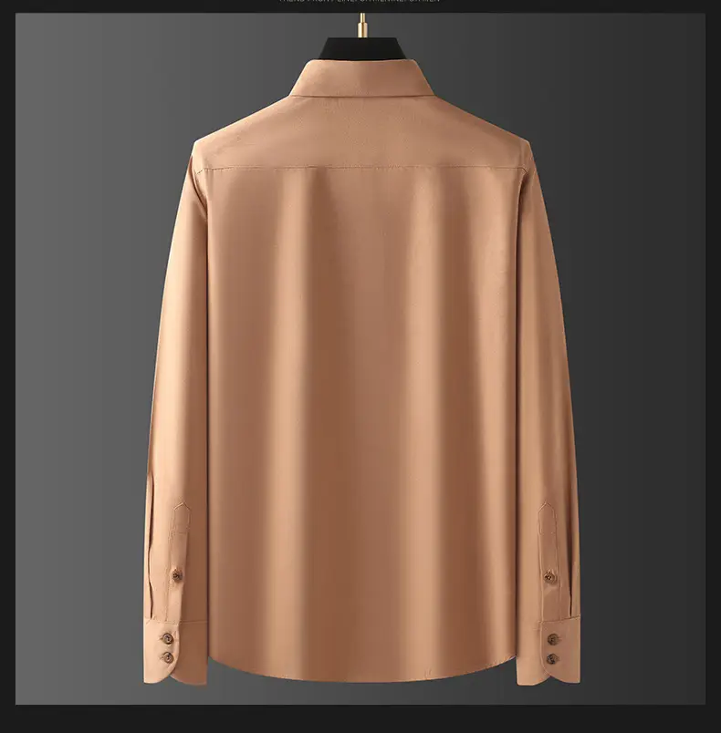 Men's Long Sleeve Fleece Shirt Tan Slim Fit Business Casual — feature 7