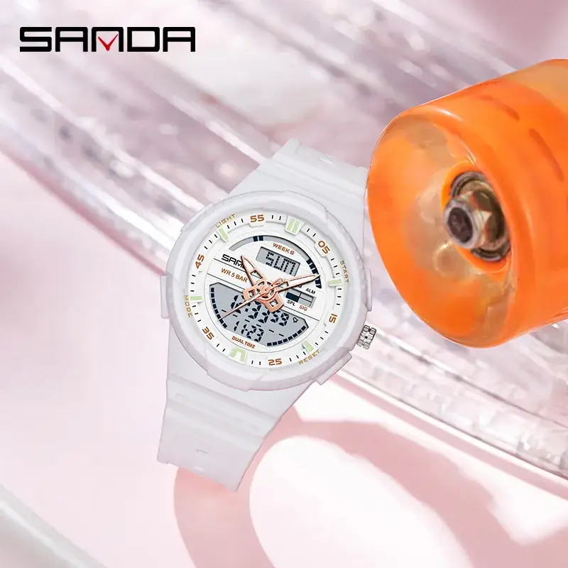 Sanda 3D Dual Display Watch White Green Quartz - Image 10