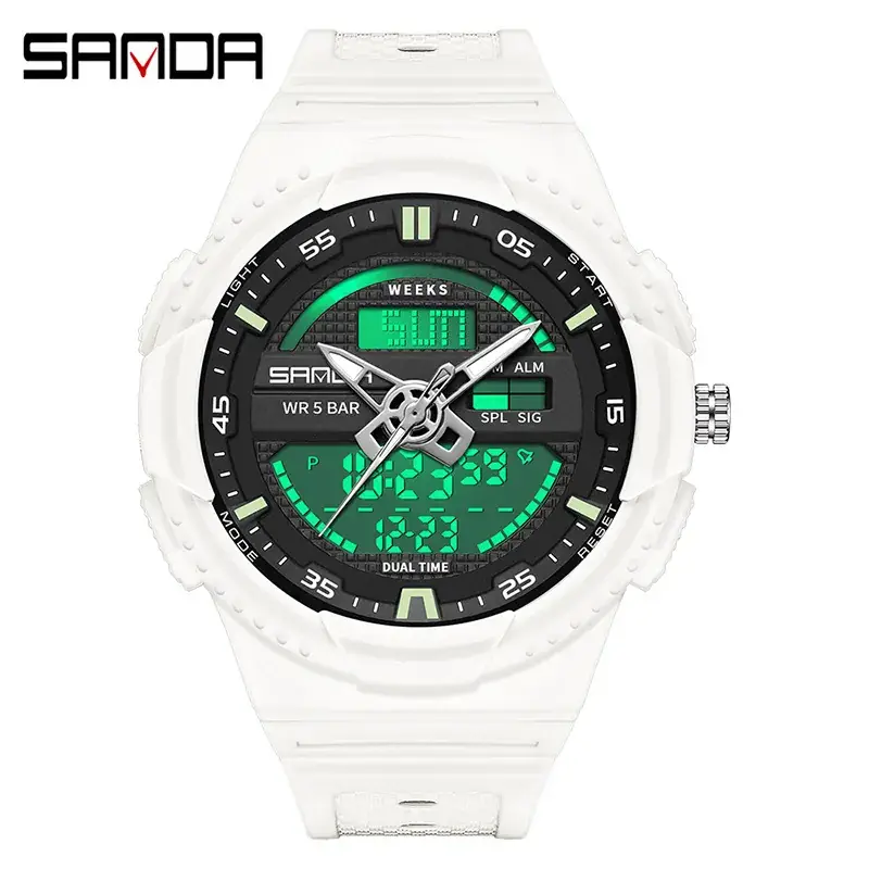 Sanda 3D Dual Display Watch White Green Quartz - Image 5