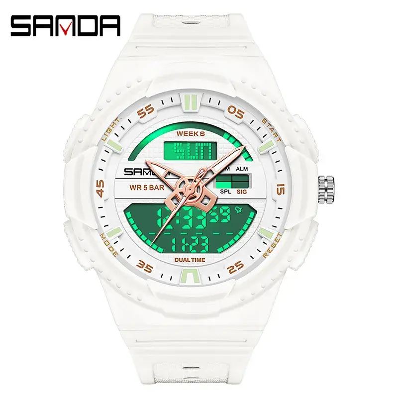 Sanda 3D Dual Display Watch White Green Quartz - Image 7