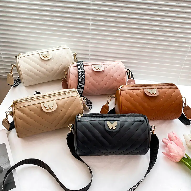 Women's Beige Quilted Shoulder Bag with Butterfly Charm - Image 6