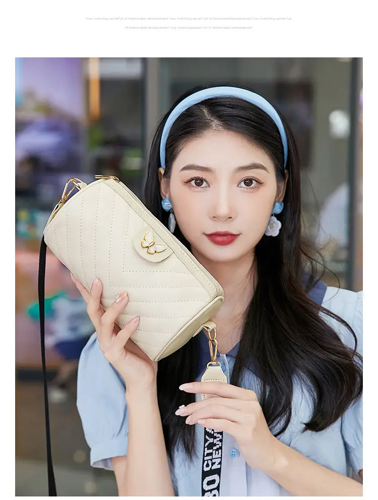 Women's Beige Quilted Shoulder Bag with Butterfly Charm — feature 12