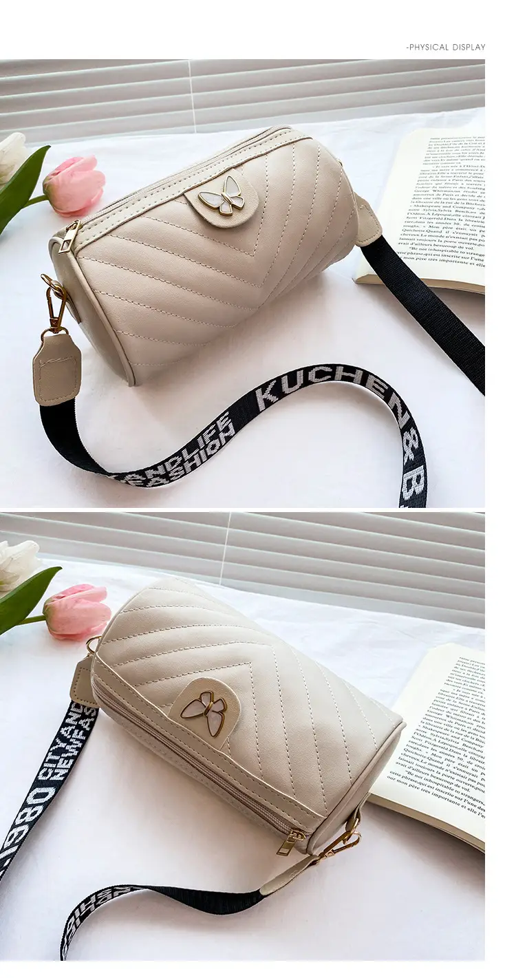 Women's Beige Quilted Shoulder Bag with Butterfly Charm — feature 19
