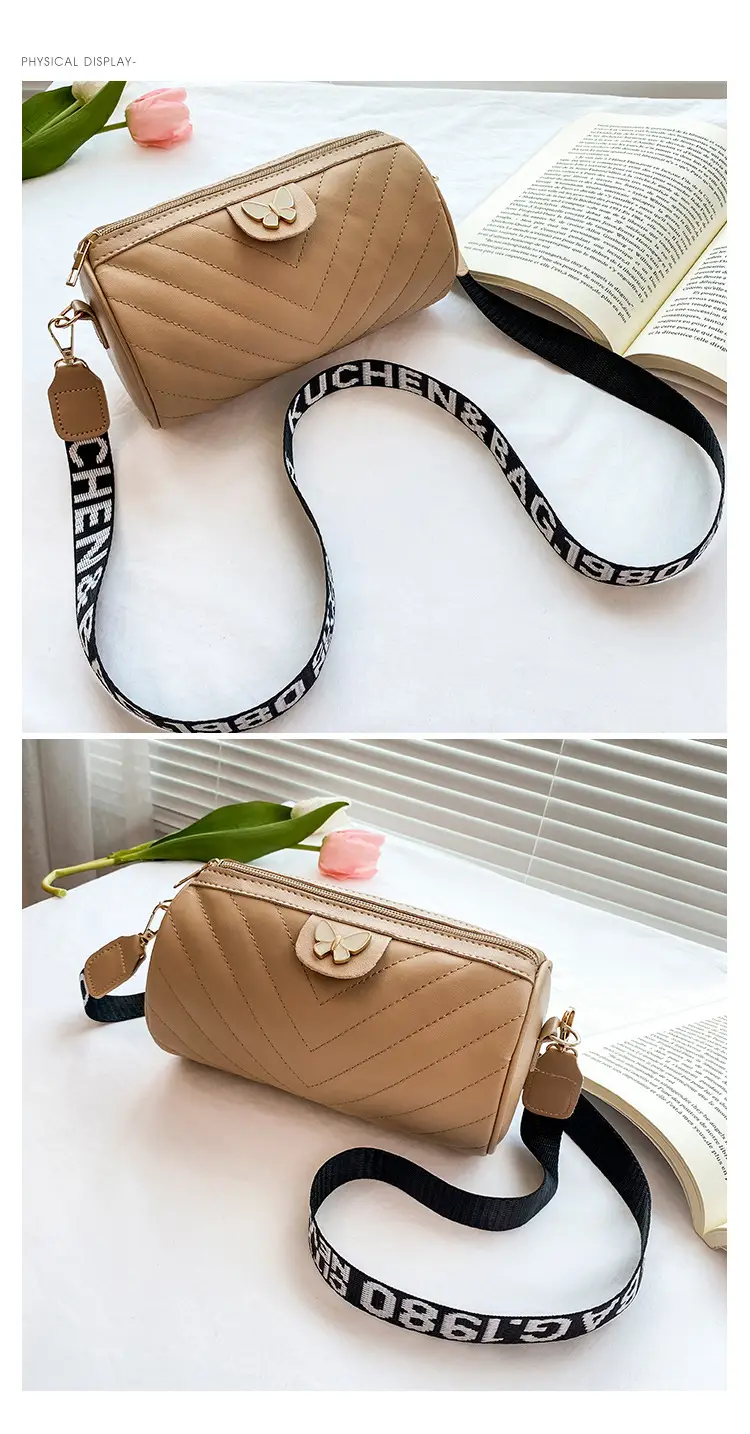 Women's Beige Quilted Shoulder Bag with Butterfly Charm — feature 21