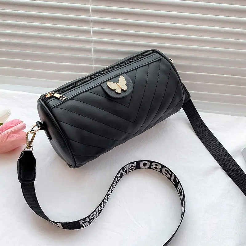 Women's Beige Quilted Shoulder Bag with Butterfly Charm - Image 2