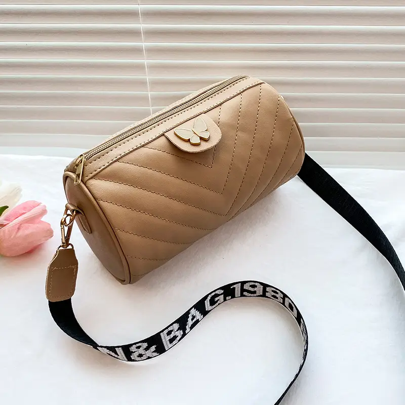 Women's Beige Quilted Shoulder Bag with Butterfly Charm - Image 4