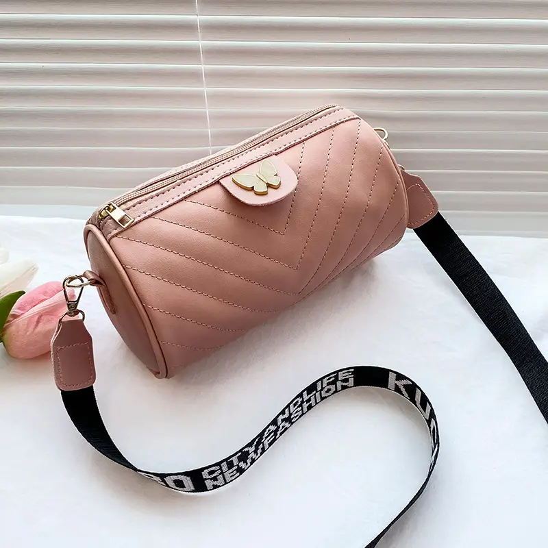 Women's Beige Quilted Shoulder Bag with Butterfly Charm - Image 5