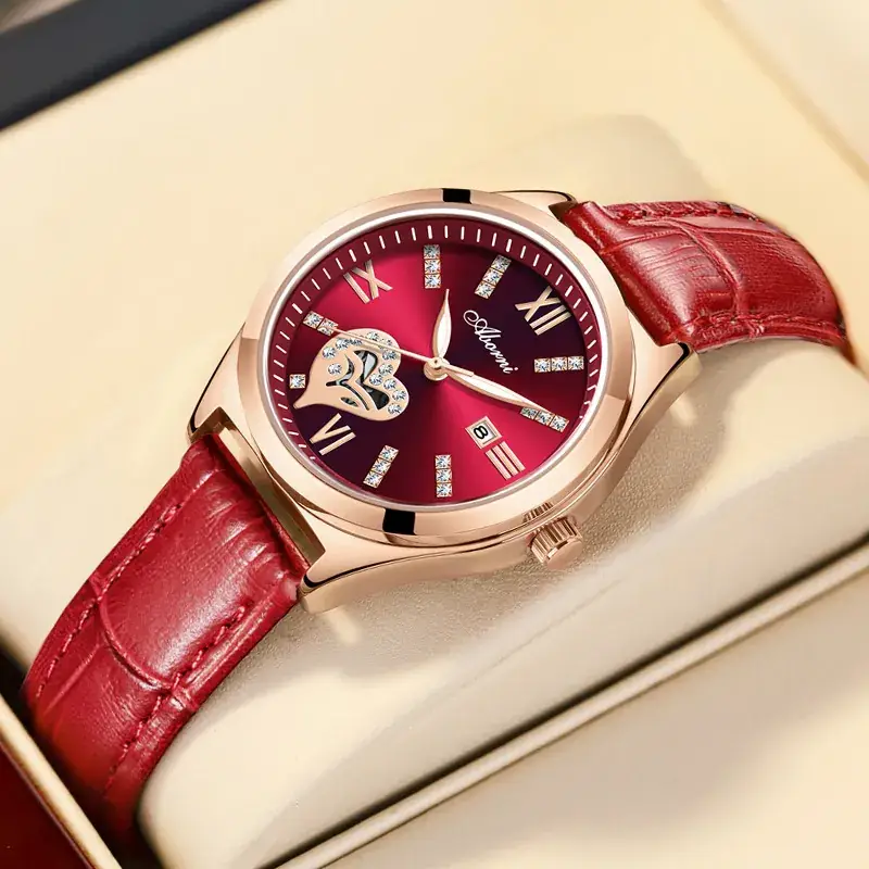 Women's Red Leather Watch with Gold Plated Dial - Image 3
