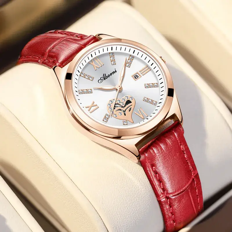 Women's Red Leather Watch with Gold Plated Dial - Image 4