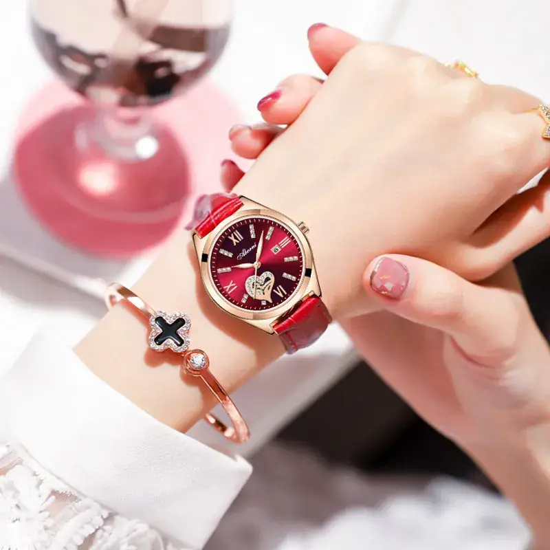 Women's Red Leather Watch with Gold Plated Dial - Image 5
