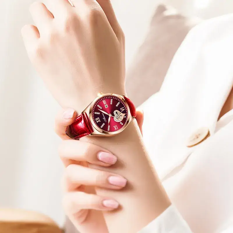 Women's Red Leather Watch with Gold Plated Dial - Image 6