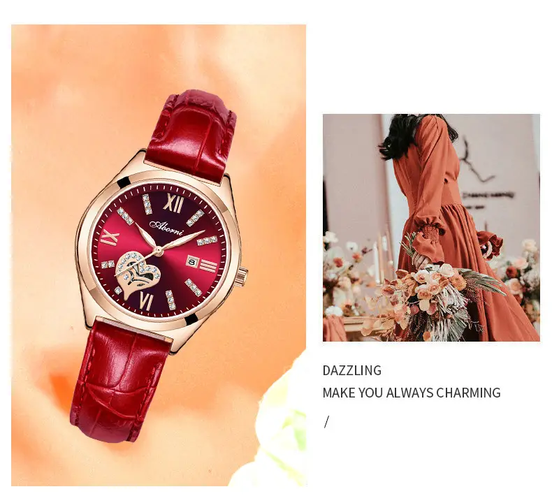 Women's Red Leather Watch with Gold Plated Dial — feature 12