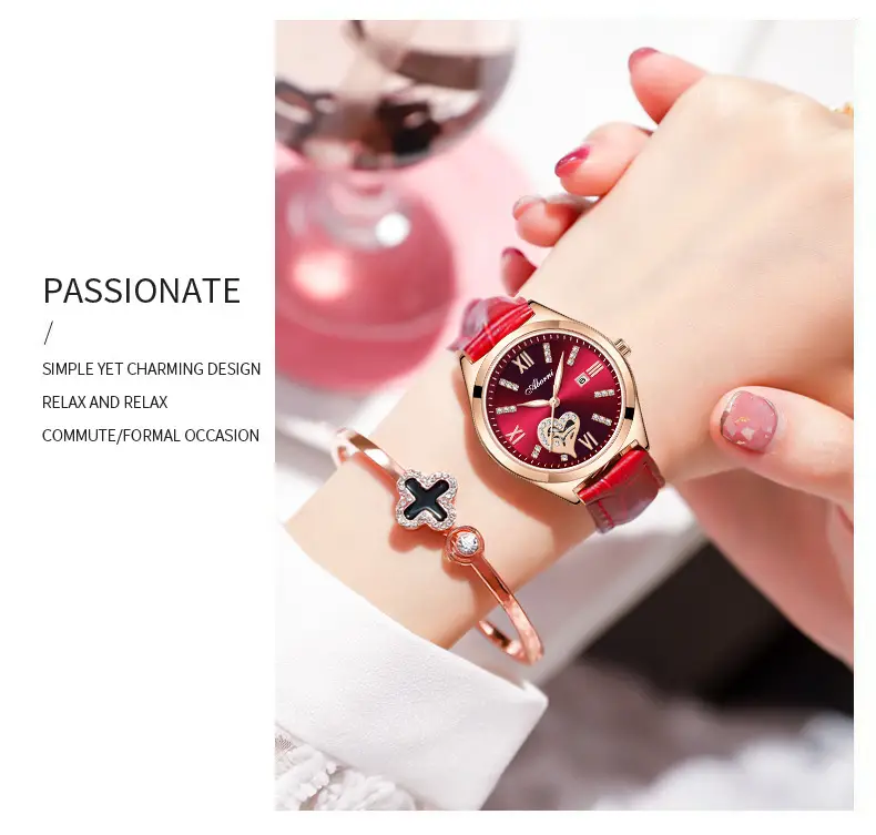 Women's Red Leather Watch with Gold Plated Dial — feature 13