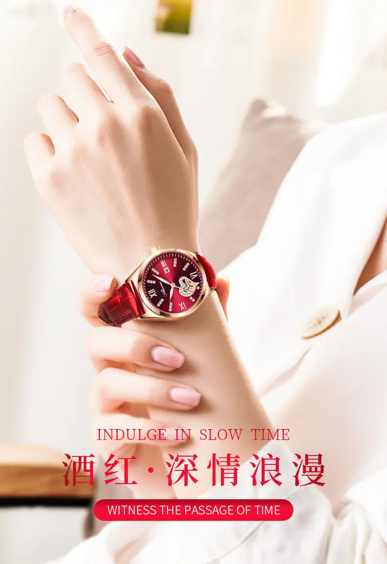 Women's Red Leather Watch with Gold Plated Dial — feature 4