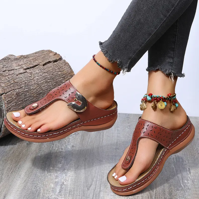 Women's Red Wedge Sandals with Tassel Anklet