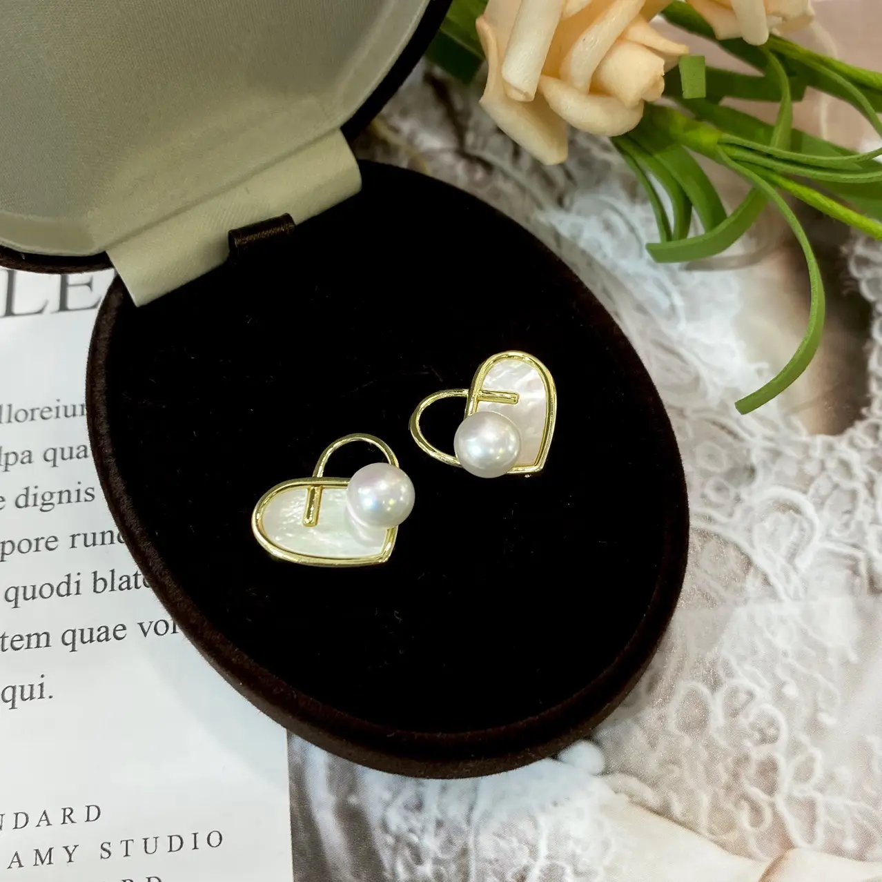 925 Gold Pearl Heart Earrings 2023 New
