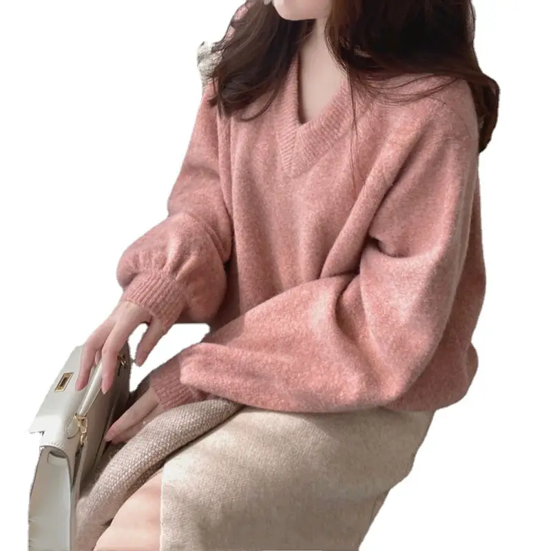 Gentle Pink V-Neck Long Sleeve Sweater for Women - Image 9