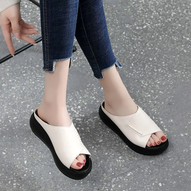 Black Leather Wedge Sandals for Women Summer 2023