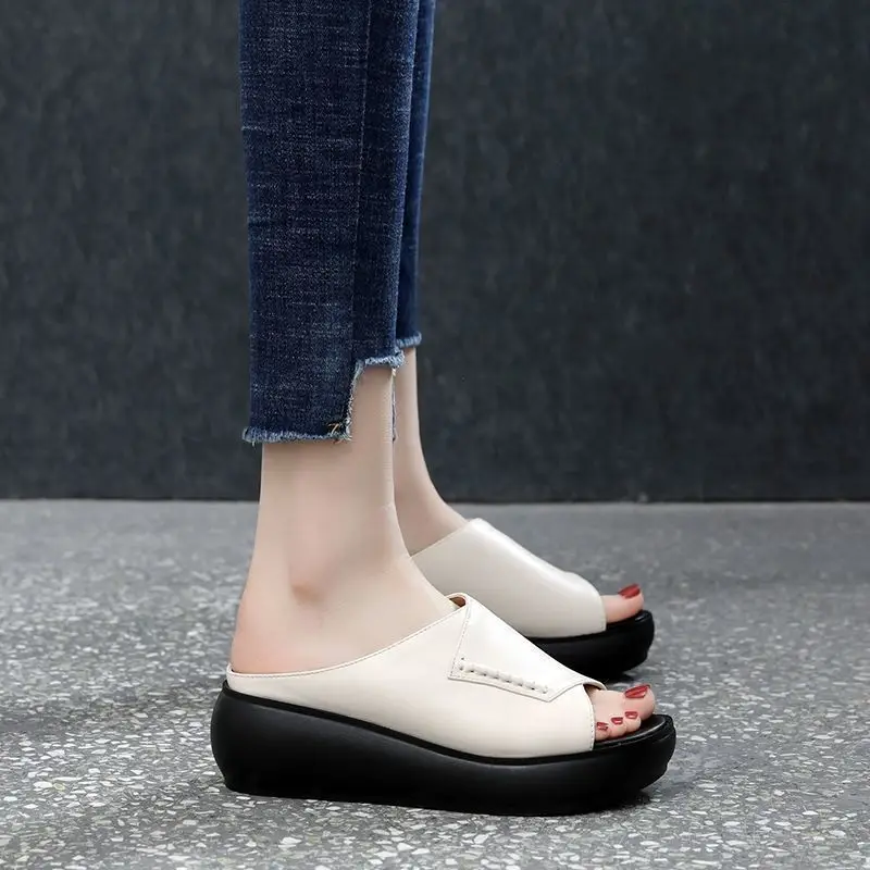 Black Leather Wedge Sandals for Women Summer 2023