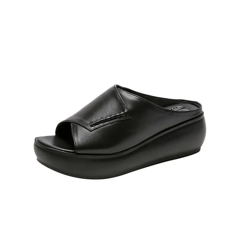 Black Leather Wedge Sandals for Women Summer 2023