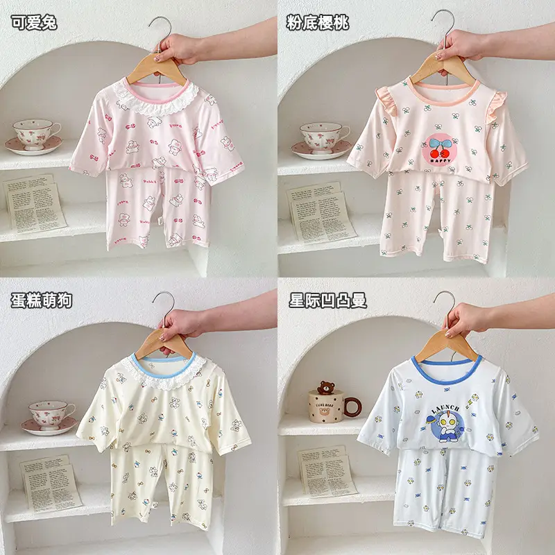 Anmeiya children's summer air conditioning clothing micro-business explosives boys and girls Tencel seven-point sleeve home clothing manufacturers wholesale — feature 4