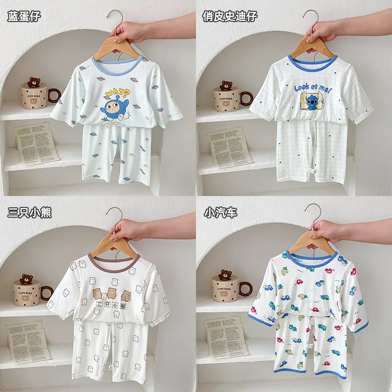 Anmeiya children's summer air conditioning clothing micro-business explosives boys and girls Tencel seven-point sleeve home clothing manufacturers wholesale — feature 5