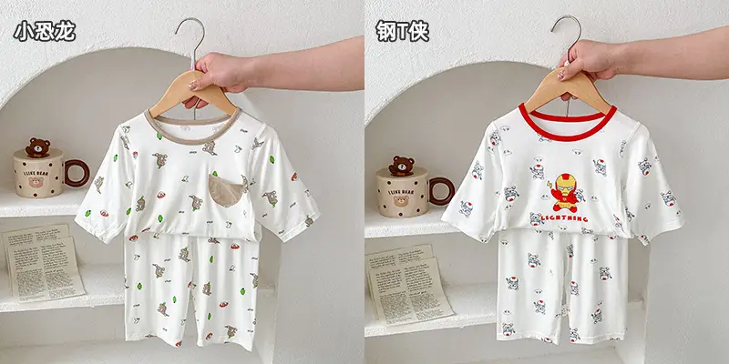 Anmeiya children's summer air conditioning clothing micro-business explosives boys and girls Tencel seven-point sleeve home clothing manufacturers wholesale — feature 6