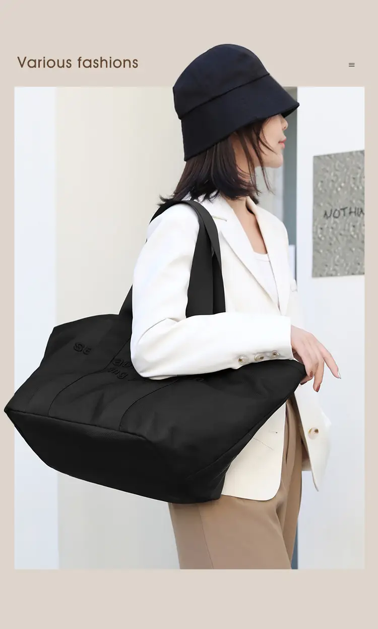 Women's Embroidered Nylon Tote Bag Large Capacity Black — feature 3