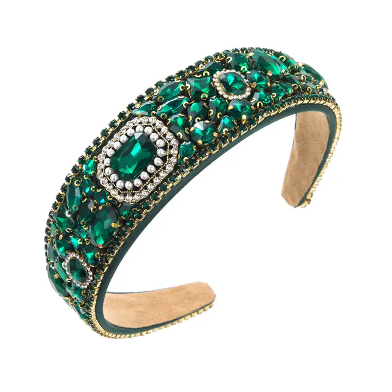 Heavy Diamond Baroque Hairband Green Wide Edge - Image 9