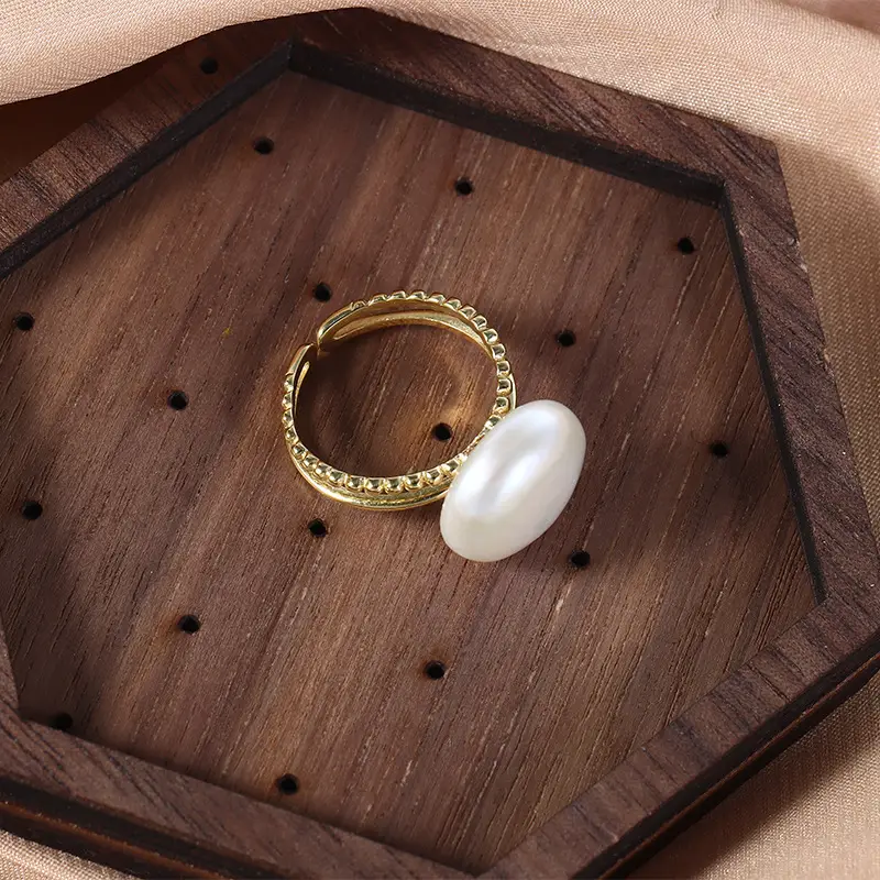 Natural Pearl Ring Adjustable S925 Gold White - Image 11