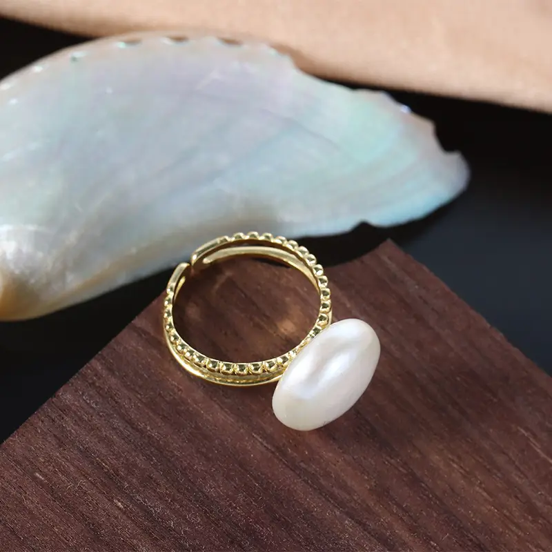 Natural Pearl Ring Adjustable S925 Gold White - Image 3