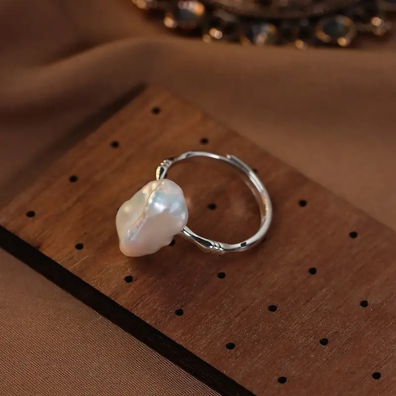 Natural Pearl Ring Adjustable S925 Gold White - Image 4