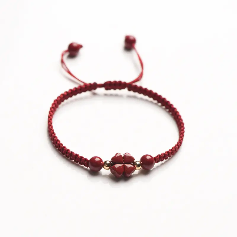 Red Five-Petal Clover Bracelet with Red Rope & Gold Beads