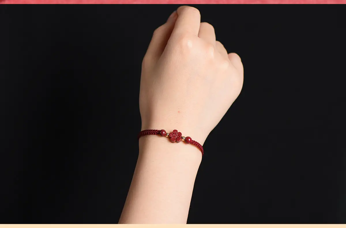 Red Five-Petal Clover Bracelet with Red Rope & Gold Beads — feature 11