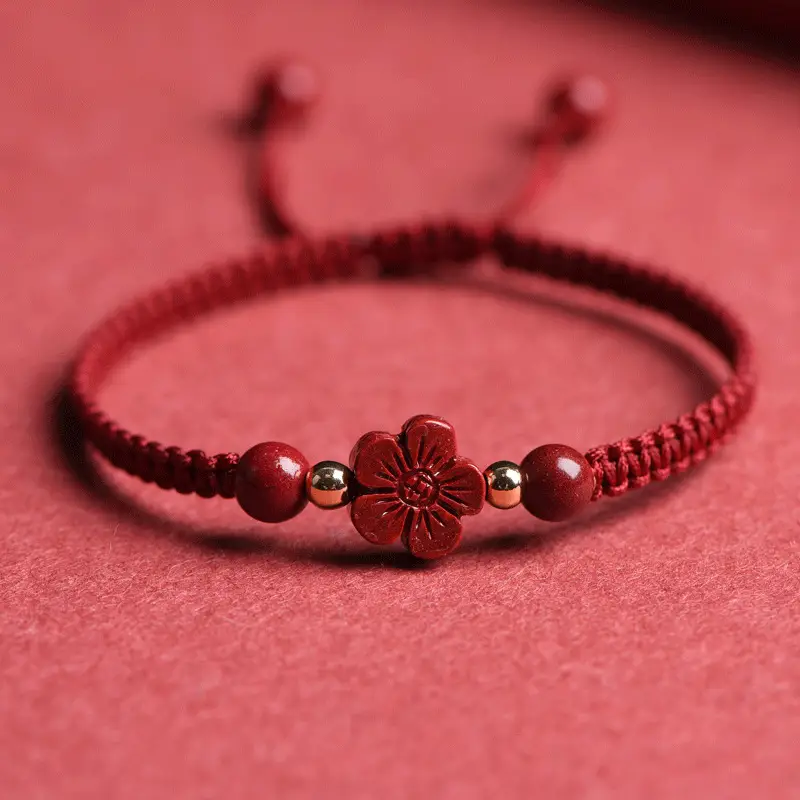 Red Five-Petal Clover Bracelet with Red Rope & Gold Beads
