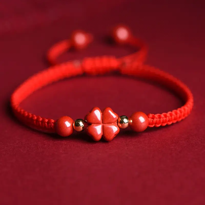 Red Five-Petal Clover Bracelet with Red Rope & Gold Beads
