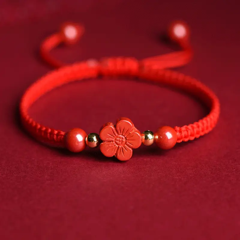 Red Five-Petal Clover Bracelet with Red Rope & Gold Beads
