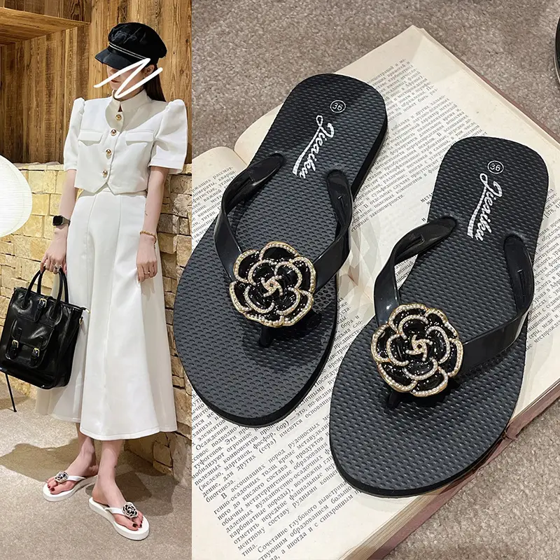 Korean Style Camellia Rose Flip Flops Women Black