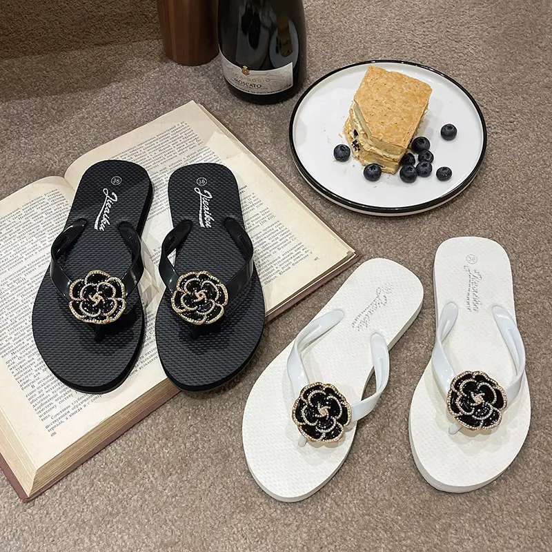 Korean Style Camellia Rose Flip Flops Women Black