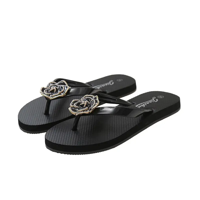 Korean Style Camellia Rose Flip Flops Women Black
