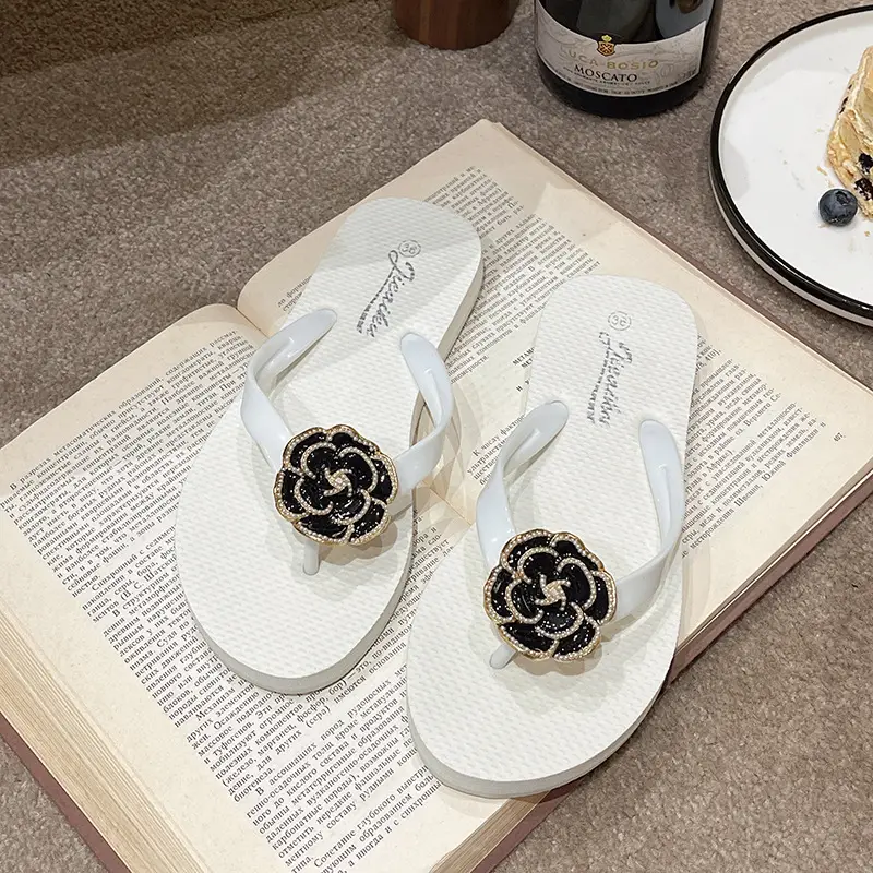 Korean Style Camellia Rose Flip Flops Women Black