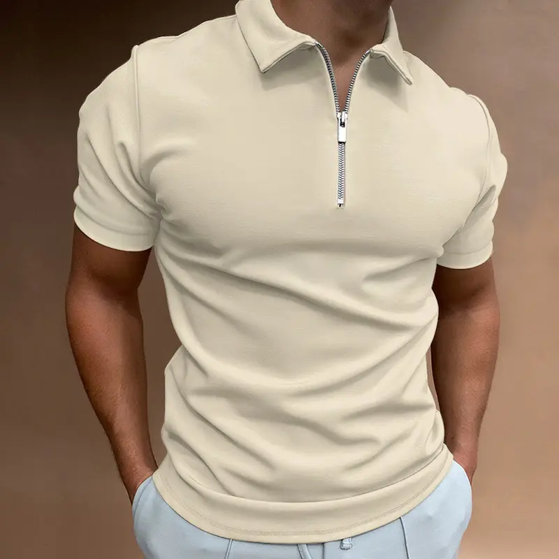 Men's 2023 Polo Shirt Solid Beige Short Sleeve - Image 7