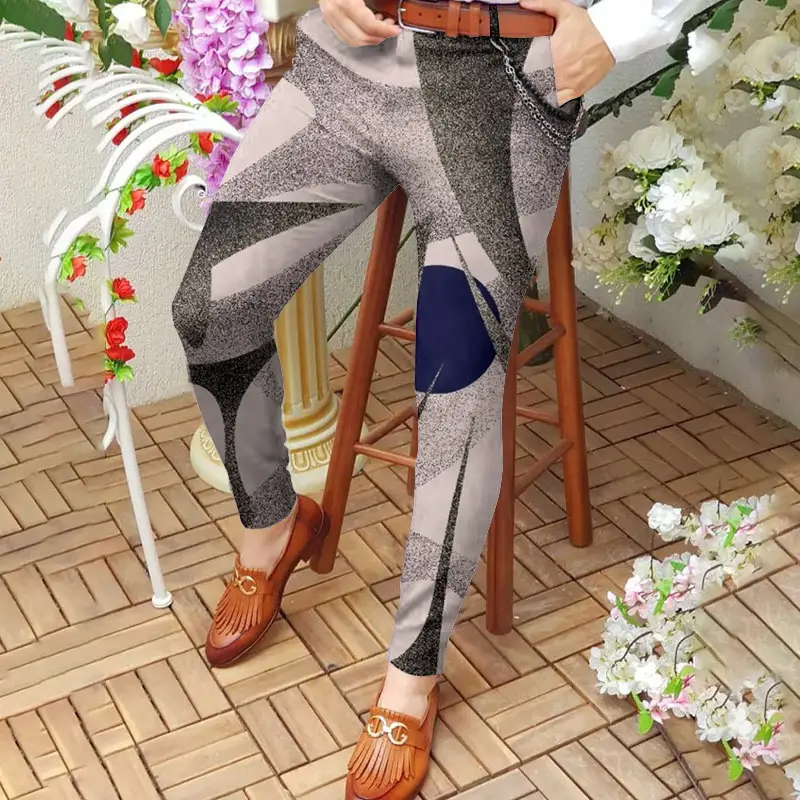 3D Printed Slim Fit Men's Mid Waist Straight Pants Black Orange - Image 10